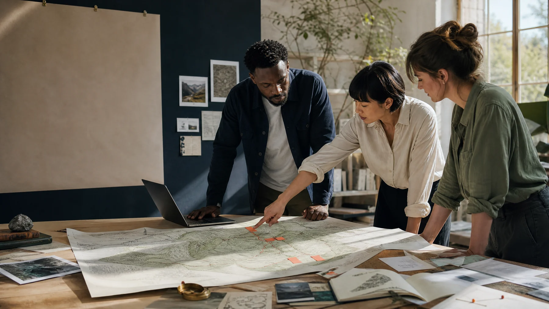 Analytics team mapping a business research route