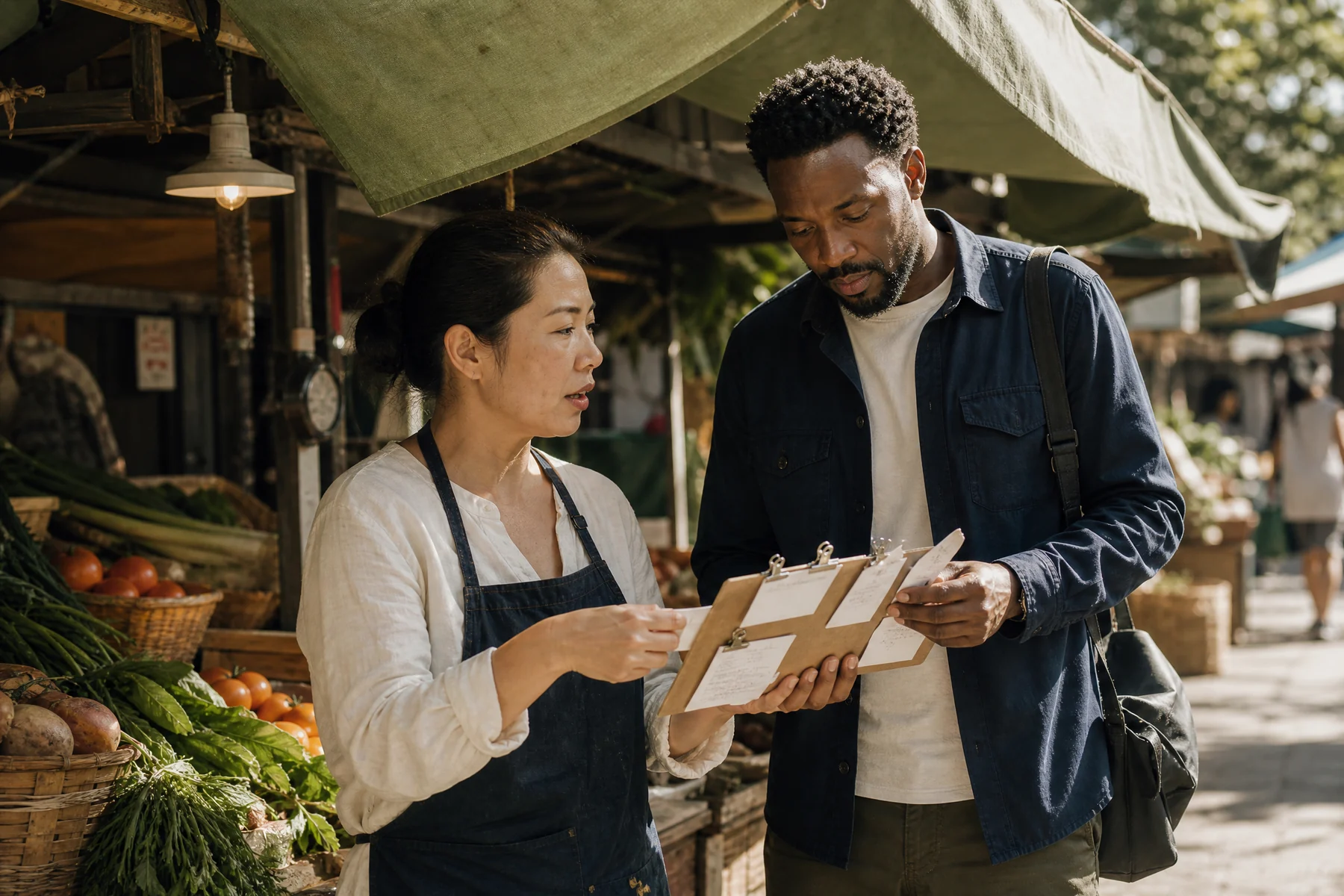 Researcher listening at a market