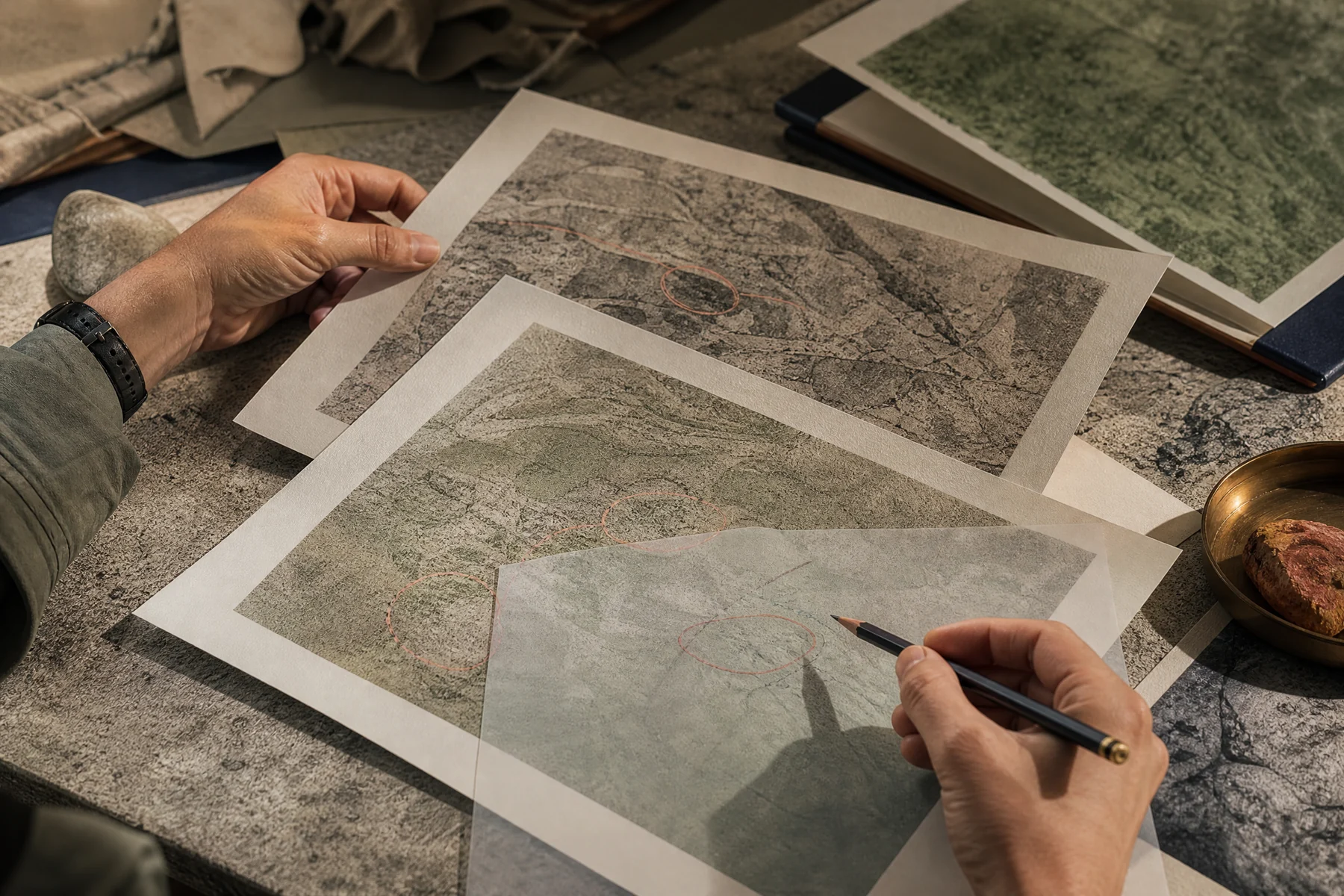 Hands comparing research evidence prints