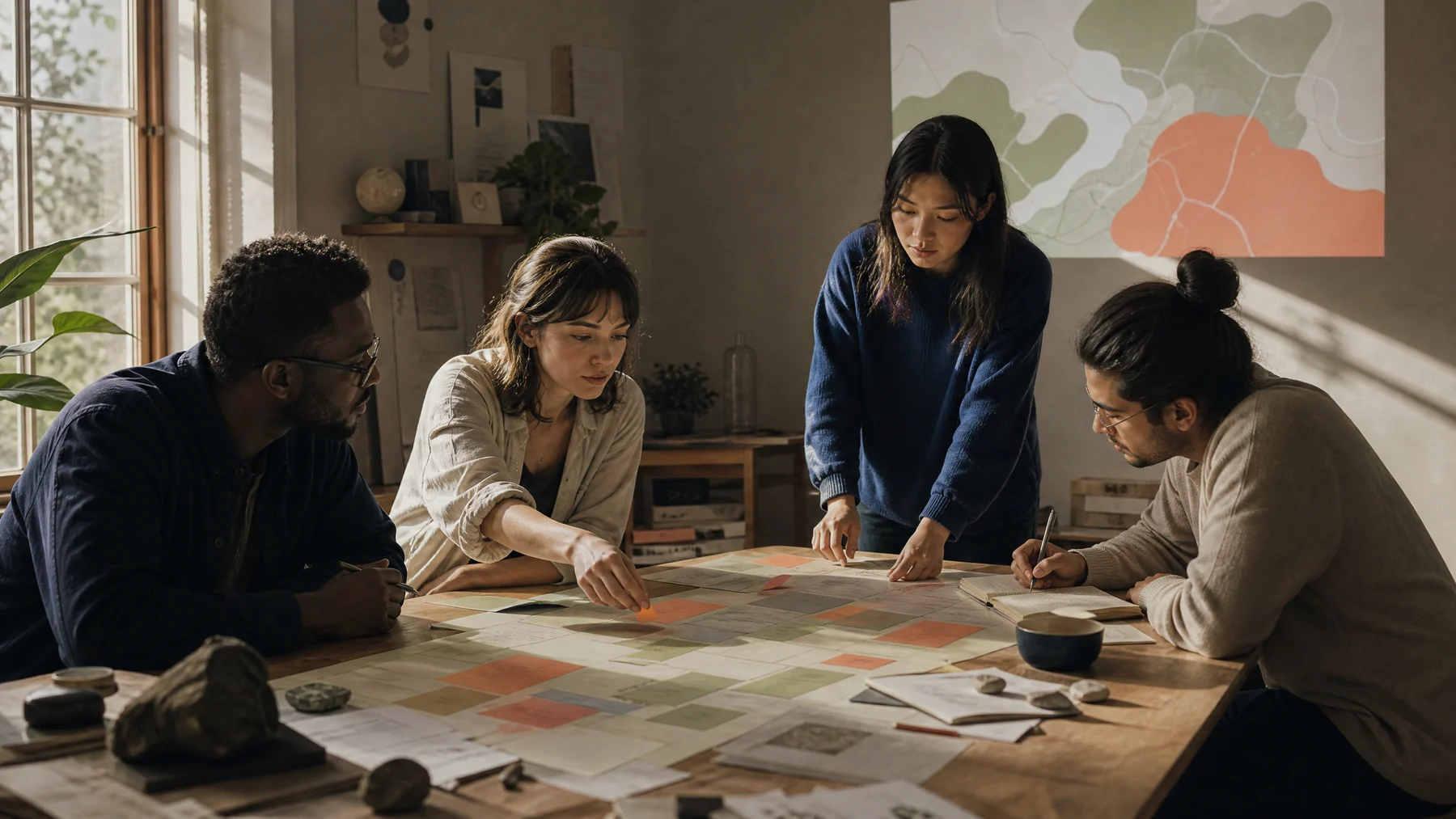 Analytics team comparing evidence at a shared table