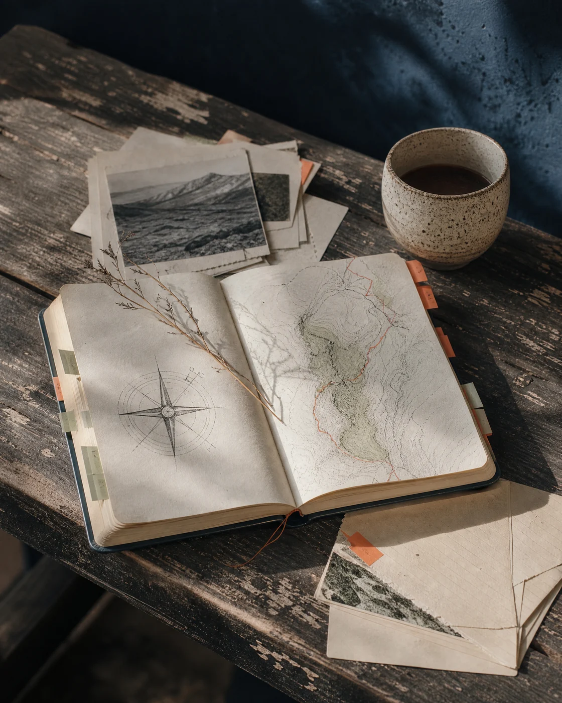 Open analytics field notebook on a wooden bench